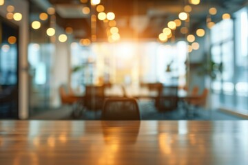 Fototapeta premium Office meeting space with blurred backgrounds, work desk table for team discussions, and corporate seminars