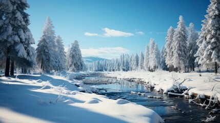 Winter landscape with snowy road in the forest. Panoramic view