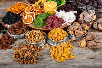 Composition with dried fruits and assorted nuts. Nutritious Energy Snack. Candied fruit, Dry fruit...