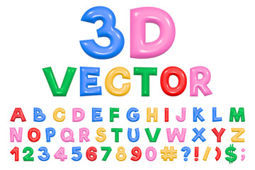 Multicolored playful alphabet in Y2K style. 3D rendering of plump letters, plastic glossy reflective texture. Vector illustration.