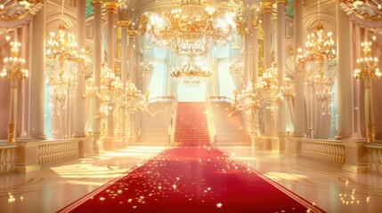 Opulent palace staircase with luxurious red carpet and gold details, bathed in warm light, exuding elegance and grandeur, perfect for regal occasions.