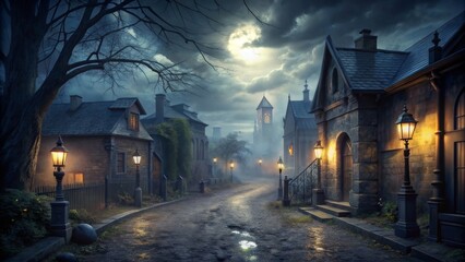 Fototapeta premium Mysterious village street at night, gothic style, moonlit sky, Halloween atmosphere