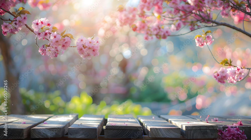 Aufkleber Empty wooden table in Sakura flower Park with garden bokeh background with a country outdoor theme Template mock up for display of product : Generative AI