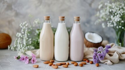 Assorted Plant-Based Milks on Light Background for Healthy Lifestyle Generative AI