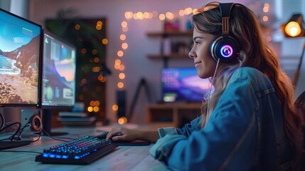 Obraz premium A happy girl is sitting at her desk, wearing headphones and playing computer games