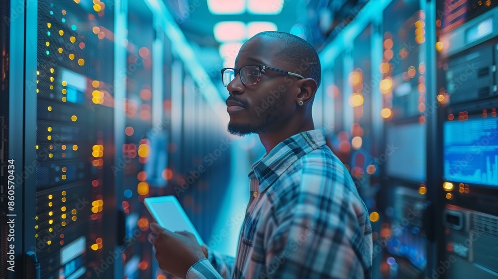 Poster a male it worker with glasses is standing in the middle of an office space surrounded by computer sc