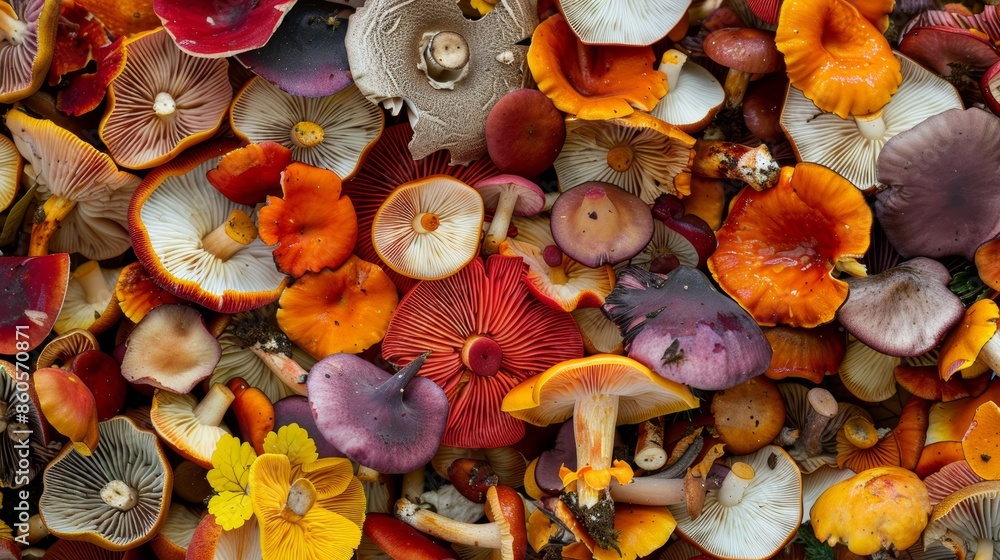 Poster assorted forest mushrooms from above generative ai