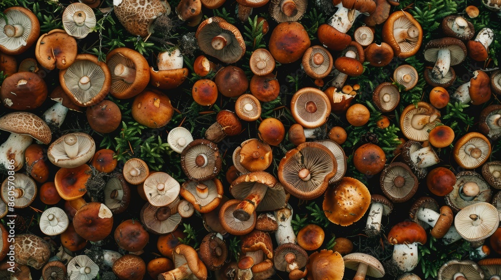 Poster assorted forest mushrooms from above generative ai