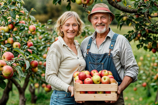 Couple in apple orchard. Senior fruit farmers. Woman and man with crate. People picking apples in garden. Healthy food family farm. Happy old couple, field tree background. Agriculture pick industry