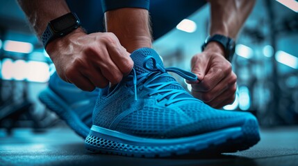 Close up of a man's hands tying laces on running shoes