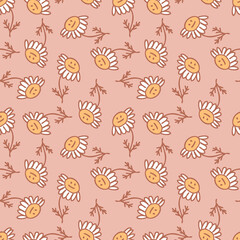 Hand drawn sad chamomile flowers seamless pattern in simple doodle style. Perfect print for tee, paper, textile and fabric. Summer illustration for decor and design.