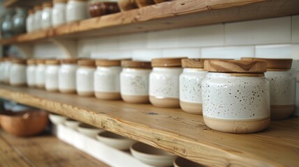 A set of white ceramic jars with wooden lids displayed on a wooden shelf.