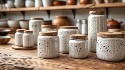 A collection of handmade white clay jars displayed on a wooden countertop in the kitchen.