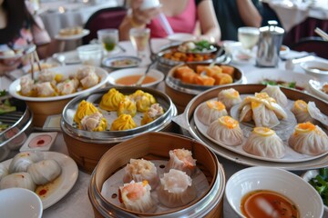 Dim Sum Delight: Vibrant Display of Chinese Cuisine Variety on Table, Cultural Food Experience