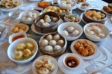 Culinary Delight: Diverse Dim Sum Spread Showcasing Chinese Cuisine's Richness