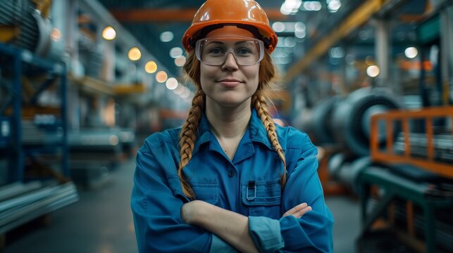 Portrait of a smiling female worker standing with arms crossed at a factory