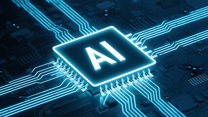 Glowing light blue neon AI chip with thin circuit contact lines. AI chip on technology background. Abstract digital tech background in monochrome blue. Semiconductor on a board. Vector illustration