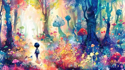 Fototapeta premium A vibrant watercolor painting of a curious little boy embarking on an adventure through a magical forest