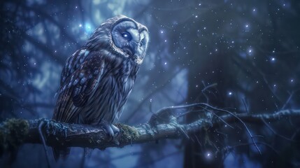 Moon light, owl in fantasy enchanted fairy tale spruce forest