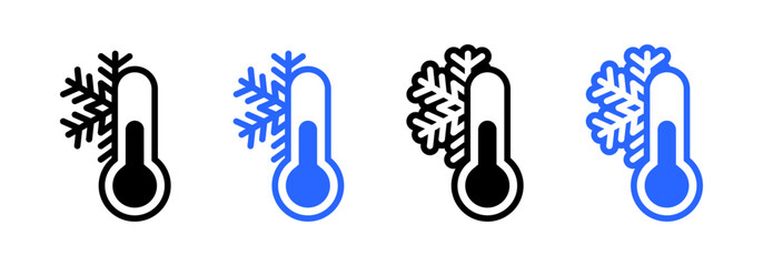 Low temperature thermometer icon. Cold snowflake thermometer symbol. Chilly weather vector illustration. Winter sign. Frozen label. Keep in cold pictogram.