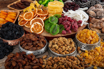 Composition with dried fruits and assorted nuts. Nutritious Energy Snack. Candied fruit, Dry fruit...