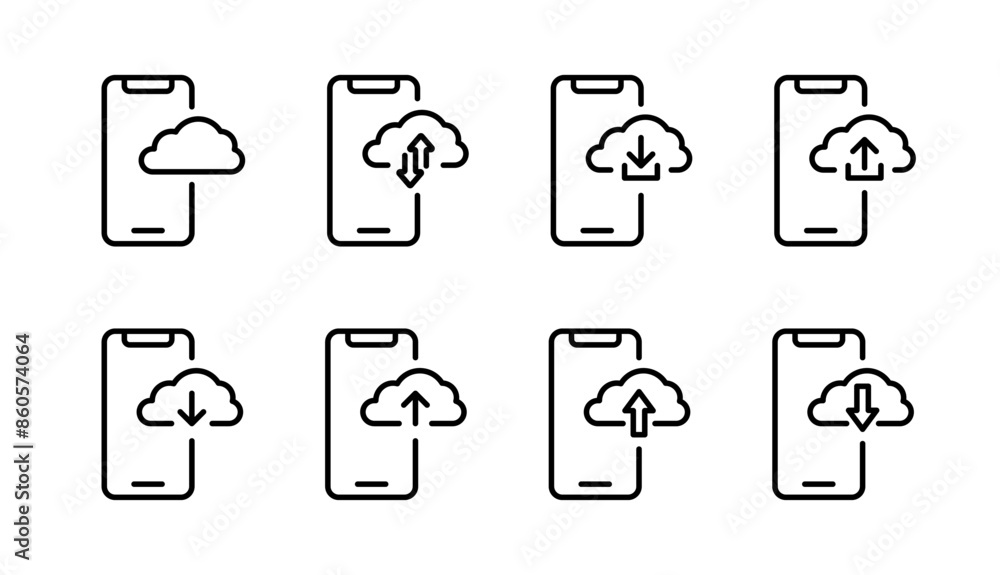 Poster phone with cloud sync icon set. cloud download and upload symbols. upload and download phone buttons