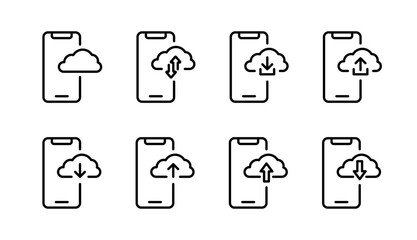 Phone with cloud sync icon set. Cloud download and upload symbols. Upload and download phone buttons. Data transfer icon set. Cloud service vector illustration.