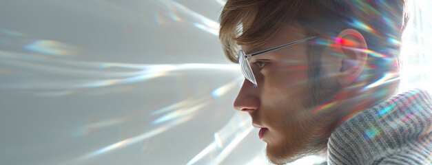 Reflective Light and Young Man in Glasses - Stylish Profile Portrait with Modern Optical Effects