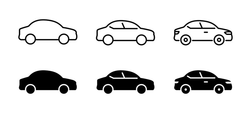 Car icon set. Simple and detailed auto symbol in different styles. Automobile vector illustration. Vehicle sign. Sedan silhouette. Black car graphic design concept.