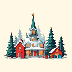 Fototapeta premium Festive Winter Village Cartoon Illustration