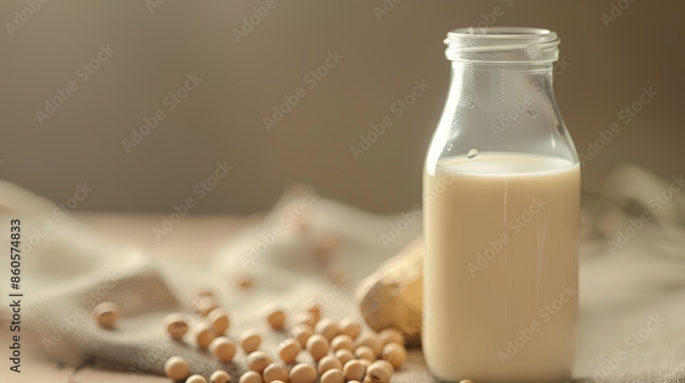 Poster fresh soy milk in a bottle on a light background generative ai