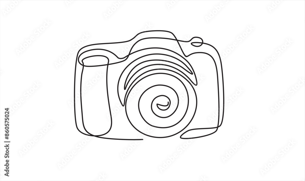 Poster continuous line art or one line drawing of a camera linear style and hand drawn vector illustrations