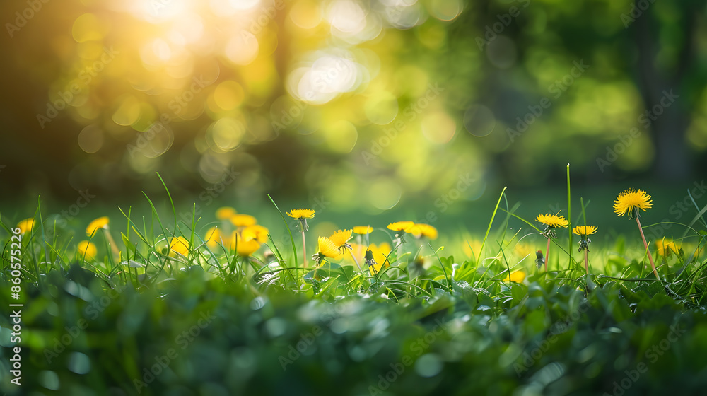 Aufkleber Beautiful wide format image of a pristine forest lawn with fresh grass and yellow dandelions against a defocused background : Generative AI