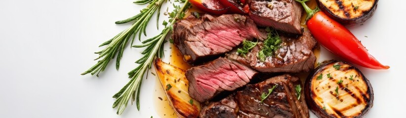 Fototapeta premium Grilled beef with vegetables and herbs on a white background. Promotional photo.