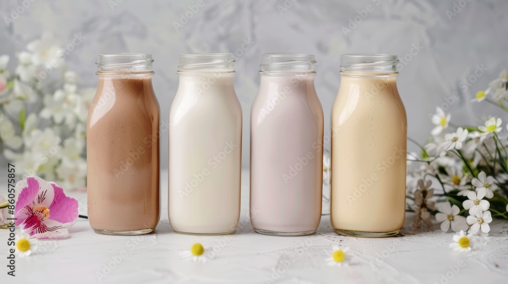 Aufkleber assorted vegan milk options on a light background generative ai