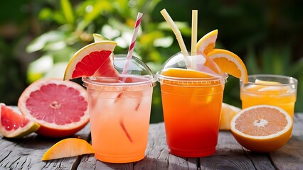 Grapefruit ade and orange ade in plastic cups