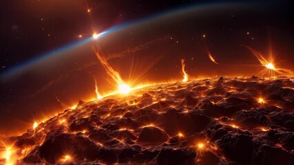 Witness a cosmic energy eruption on a volcanic planet beneath a starfilled sky - Powered by Adobe
