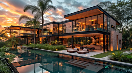 Fototapeta premium Modern Glass House with Infinity Pool at Sunset Surrounded by Lush Greenery