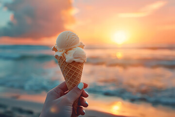 A detailed close-up of a woman’s hand holding a refreshing ice cream cone, with the sunset over the beach creating a warm, summer atmosphere