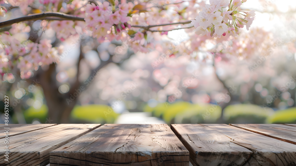 Aufkleber Empty wooden table in Sakura flower Park with garden bokeh background with a country outdoor theme Template mock up for display of product : Generative AI