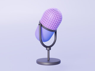 3d Podcast microphone. Sound recording equipment. Symbol of live broadcast, concert, performance, singing, competition. 3d rendering illustration.