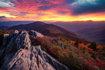 Scenic autumn view of the Blue Ridge Mountains in the afterglow of the sunset