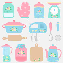 Cute happy cooking kitchenware in Children Style Cartoon illustration
