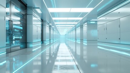 Futuristic Data Center Hallway with Blue Neon Lights, Generative AI