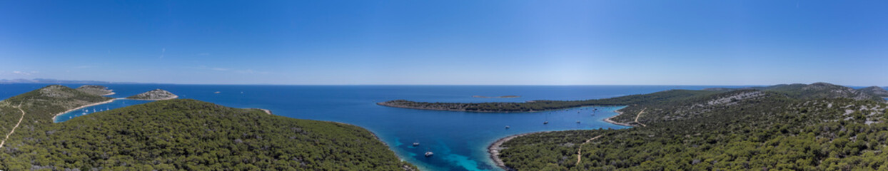 Obraz premium Panoramic drone view of the Mediterranean coast of the island Zirje in Croatia