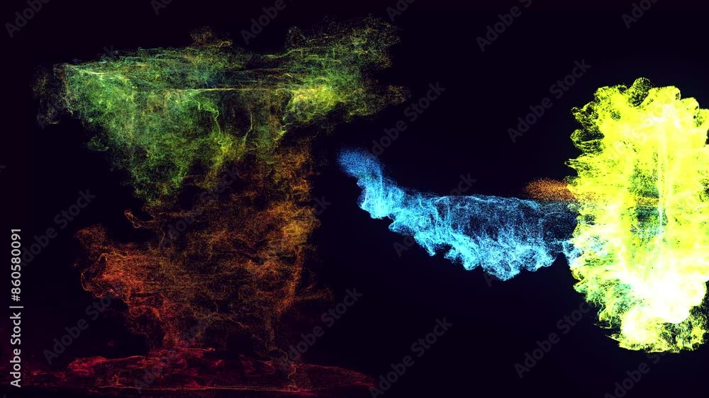 Poster colorful beautiful bg with lambent magic particles in room. glow particles spread like ink effect. l