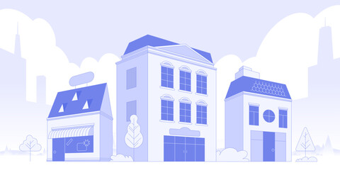 Light gray cityscape background. City buildings with trees at park view. Monochrome urban landscape with street. Modern architectural panorama in flat style. Vector illustration horizontal wallpaper