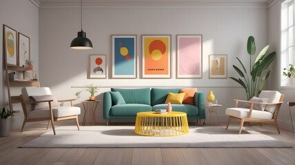 Fototapeta premium Frame mockup, ISO A paper size, Living room wall poster mockup, Interior mockup with house background, living room, Scandinavian style, 3D render, 3D illustration