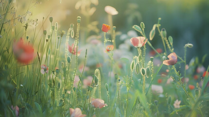 Obraz premium Snowshill Cotswolds Gloucestershire United KingdomWild flower meadow with Poppies : Generative AI