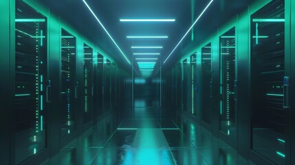 Modern Data Center with Green Neon Lighting, Generative AI